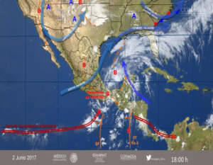 Baja presión remanente de “Beatriz” al noreste del estado, interacciona con la Onda Tropical número 3.