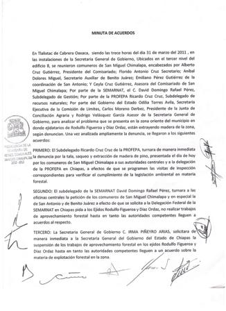 Minuta de acuerdo firmada entre gobierno y Comisariado Comunal de San Miguel Chimalpa