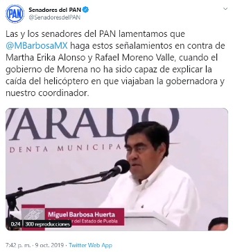 Condena GPPAN dichos de gobernador de Puebla sobre Martha Erika Alonso y Rafael Moreno Valle