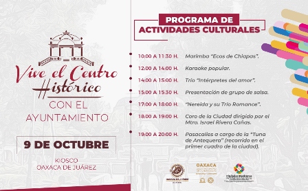 Este miércoles 9 de octubre, “Vive el Centro Histórico” de Oaxaca de Juárez