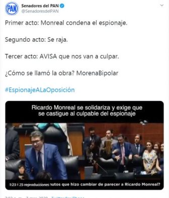 Acusa GPPAN “bandazo” en postura de Ricardo Monreal sobre espionaje