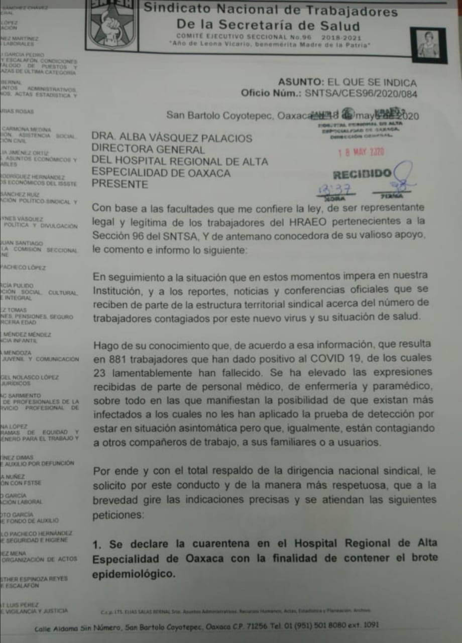 Por Covid-19, demandan se declare en cuarentena al Hospital de Alta Especialidad  de Oaxaca