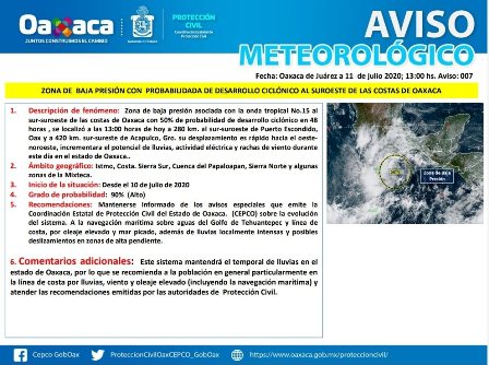 Se mantendrán las lluvias en Oaxaca por zona de Baja Presión: CEPCO