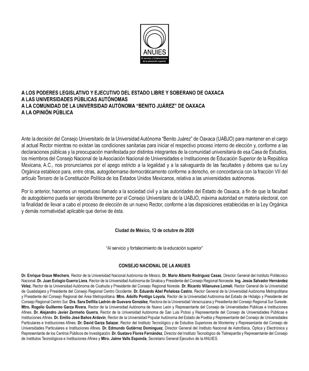 Llama ANUIES a respetar autonomía de la Universidad Autónoma “Benito Juárez” de Oaxaca
