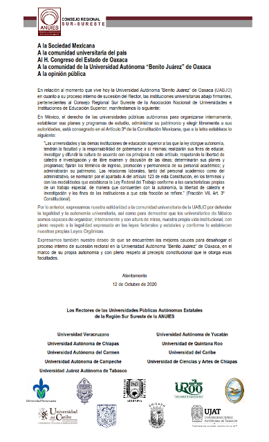 Se solidarizan nueve rectores por defender la legalidad y la autonomía universitaria