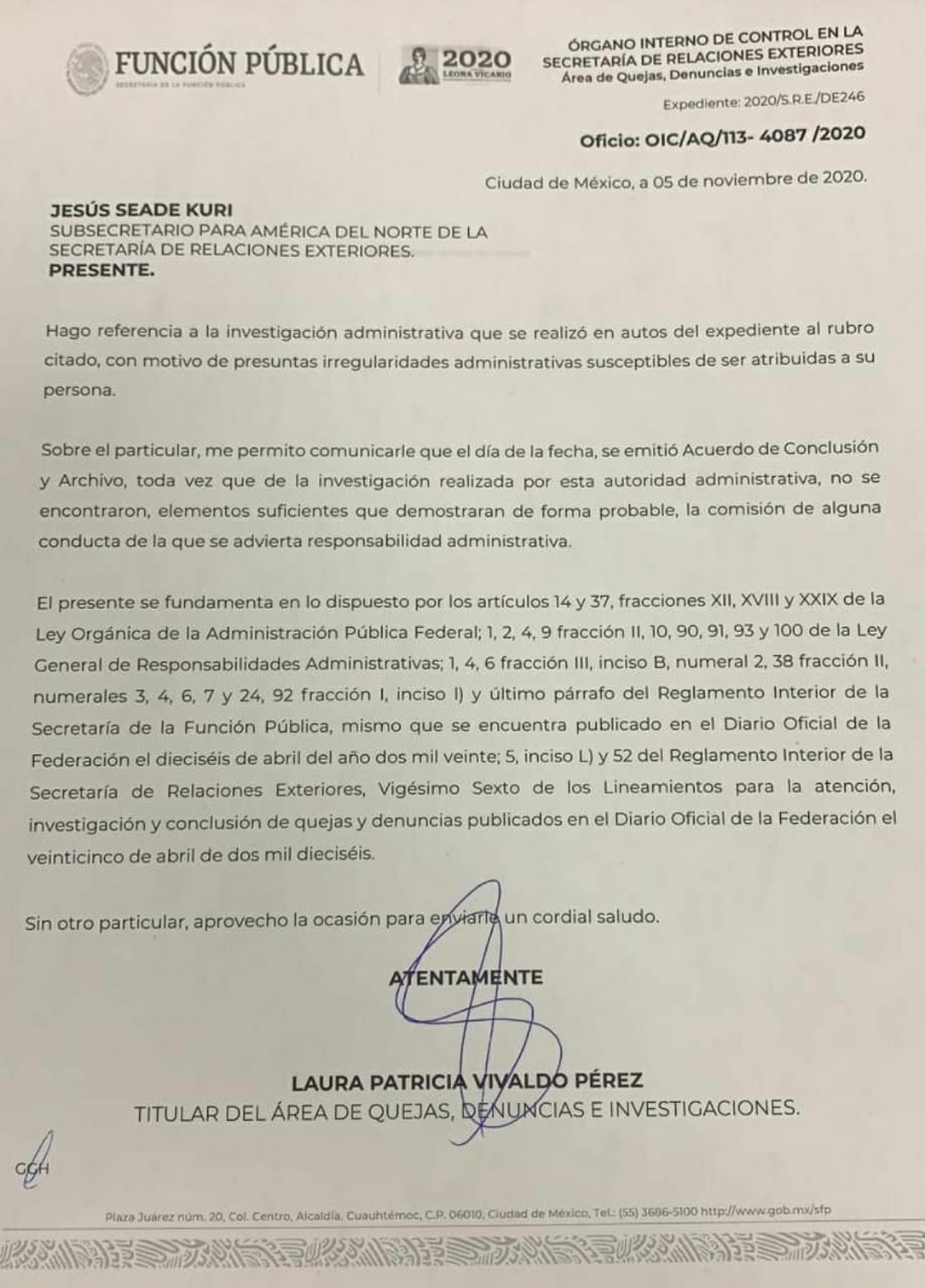 Sin irregularidad alguna investigación administrativa contra subsecretario para América del Norte