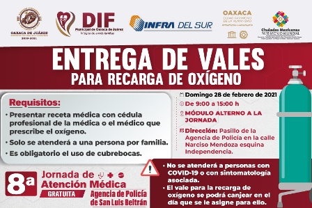 Entregará Ayuntamiento de Oaxaca vales para la recarga de oxígeno, en San Luis Beltrán