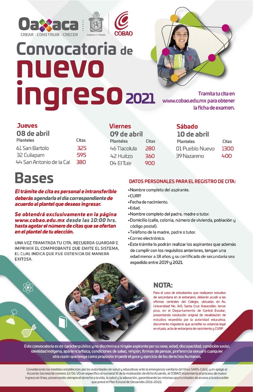 Cobao Oaxaca da a conocer su convocatoria de nuevo ingreso 2021