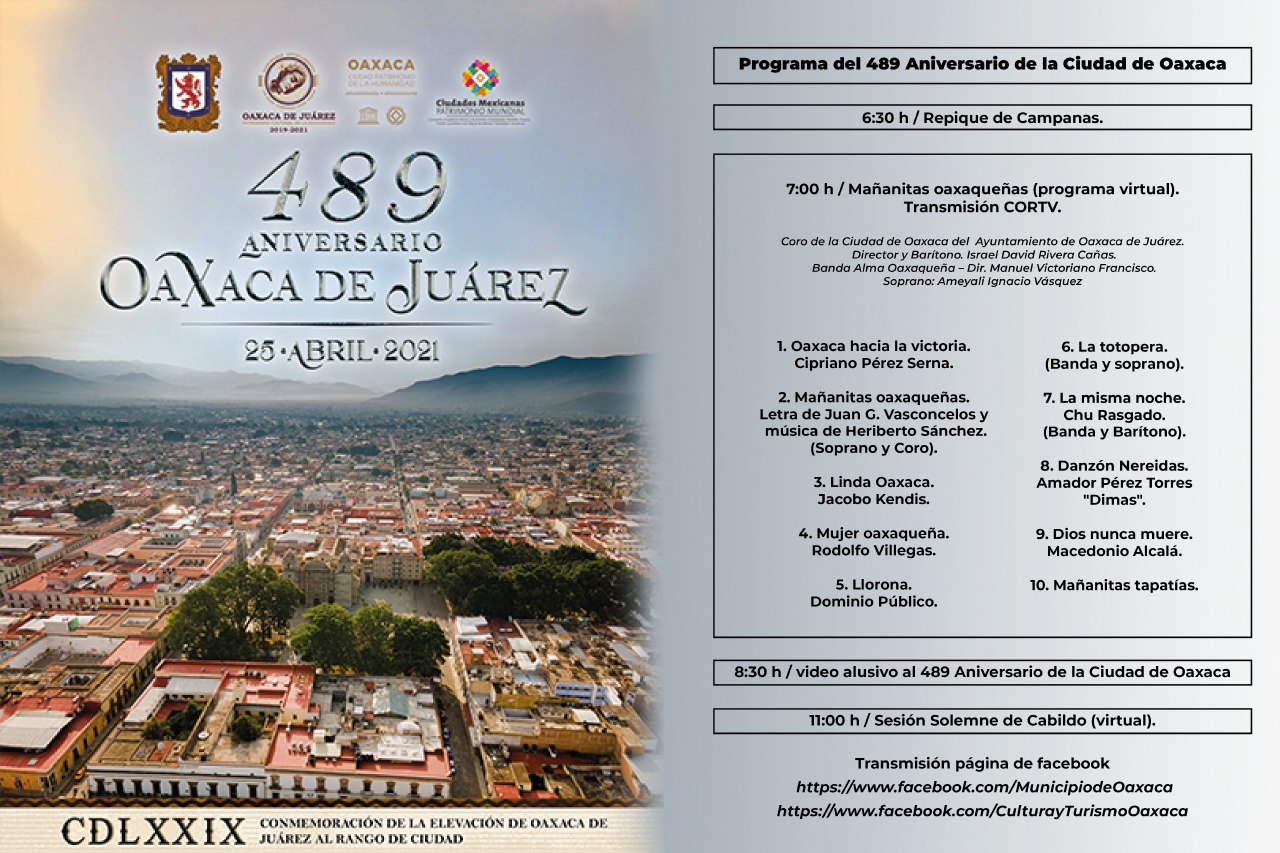 De manera virtual, celebrará Oaxaca de Juárez 489 aniversario de la elevación al rango de Ciudad