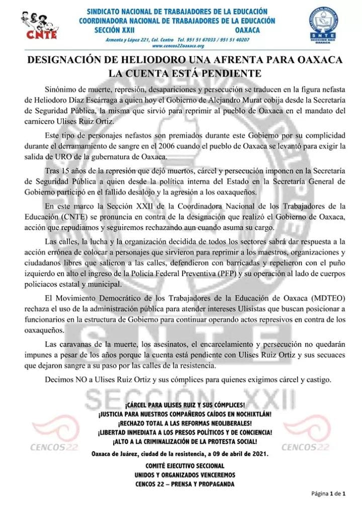 Califica SNTE-CNTE como una afrenta designación de Heliodoro Díaz como secretario de Seguridad