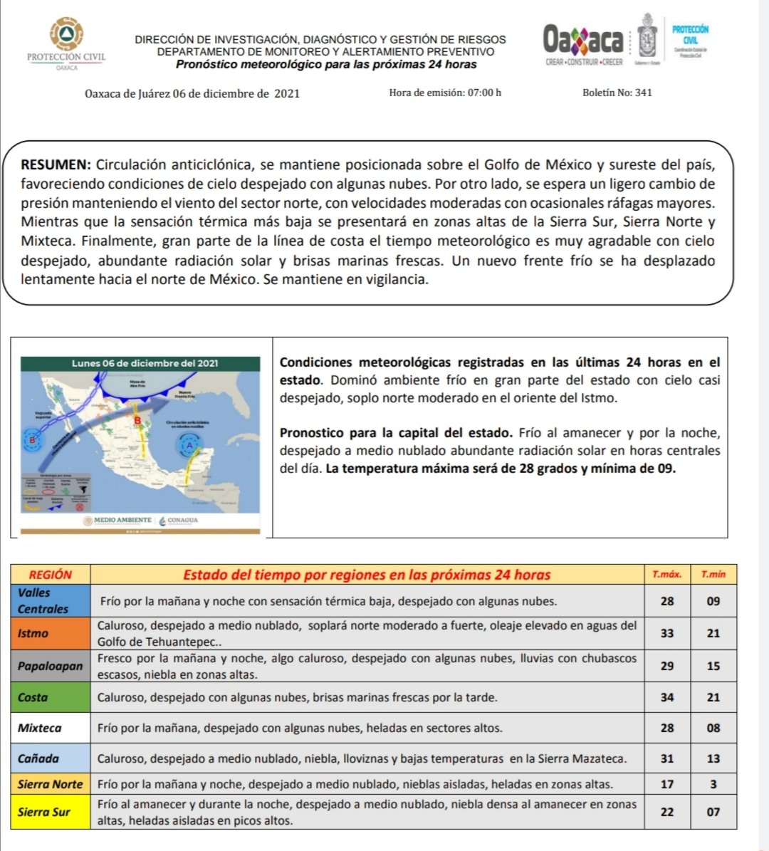 Sensación térmica más baja se presentará en zonas altas de las Sierras Sur, Norte y Mixteca de Oaxaca: CEPCO