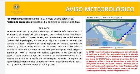 Aviso Meteorológico especial; Frente Frío número 35 y masa de aire polar ártico: CEPCO