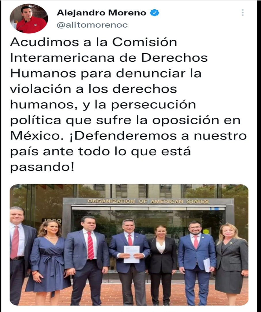 Denuncia “Alito” Moreno, ante la Comisión Interamericana de Derechos Humanos, persecución política contra la oposición en México