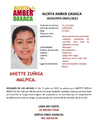Emiten Alerta Amber por desaparición de joven Anette Zúñiga Malpica en la Cuenca del Papaloapan