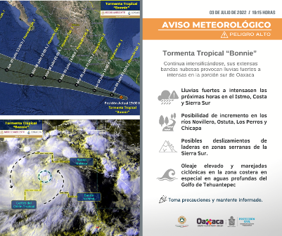 Se intensifica Tormenta Tropical “Bonnie” al sur del Golfo de Tehuantepec