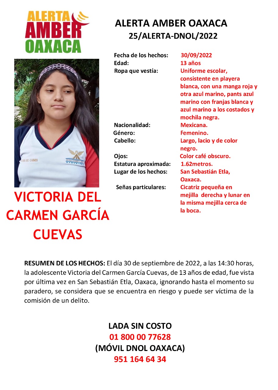 Emiten Alerta Amber para localizar a la menor de edad, Victoria del Carmen García Cuevas