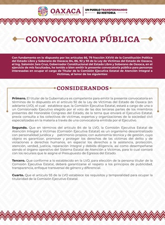 Convoca Gobierno de Oaxaca a ocupar titularidad de la Comisión Ejecutiva Estatal de Atención Integral a Víctimas