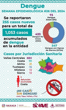 Registra Servicios de Salud de Oaxaca 255 casos nuevos de dengue; Se confirma una defunción