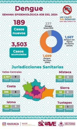 Registran 189 casos nuevos de dengue, suman tres mil 503 en Oaxaca