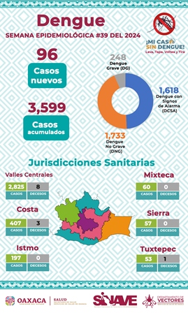 Reporta Servicios de Salud de Oaxaca 45 municipios con casos nuevos de dengue