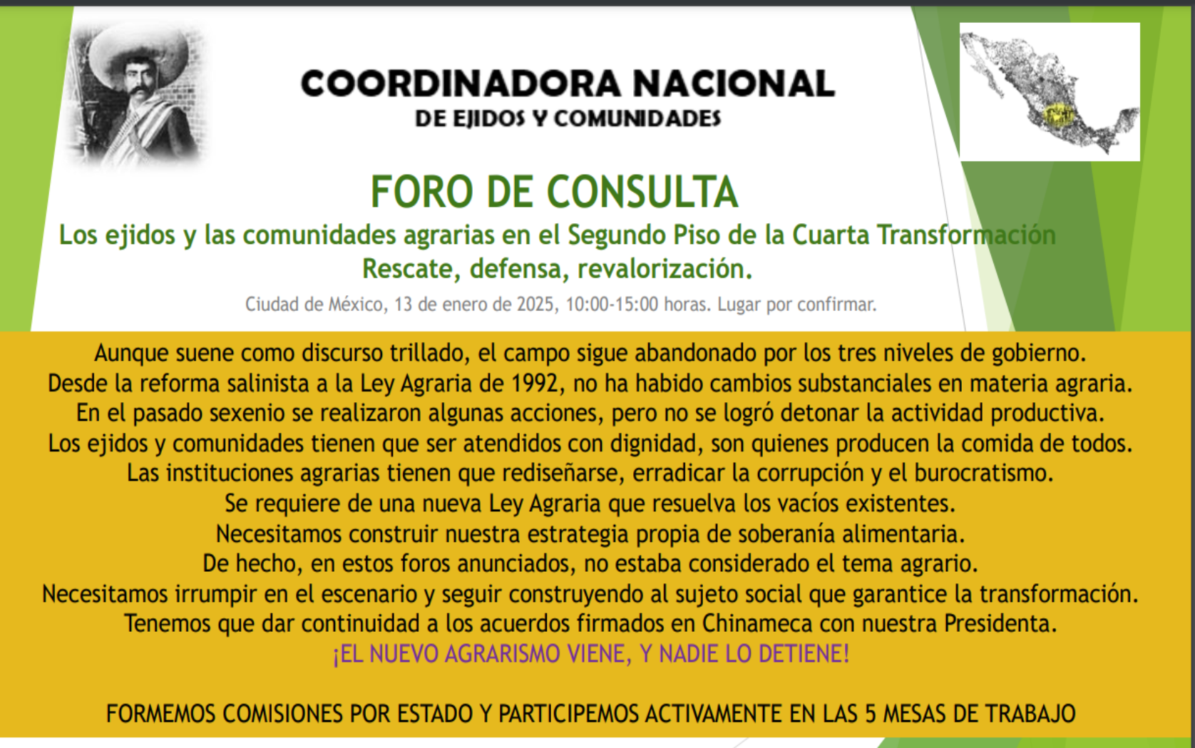 La Coordinadora Nacional de Ejidos y Comunidades se pronuncia por nueva Ley Agraria que sustituya a la salinista, vigente desde hace 33 años