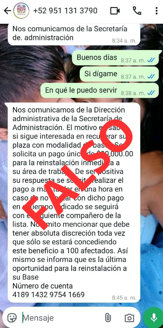 Desmiente Secretaría de Administración de Oaxaca cobros relacionados con reinstalación de bases