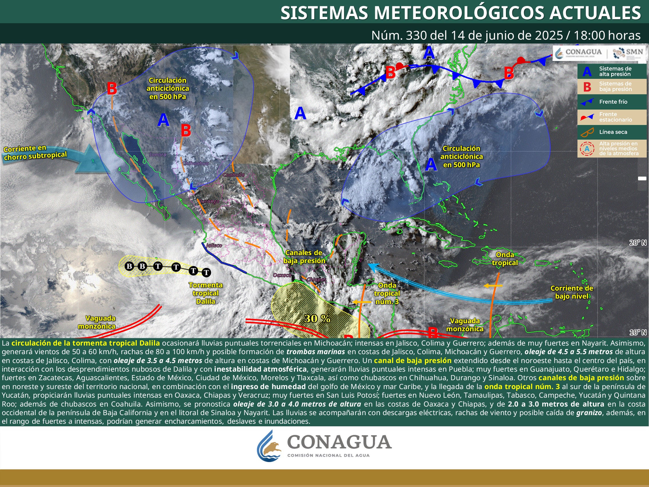 Ocasionará “Dalila” lluvias puntuales torrenciales en Michoacán e intensas en Jalisco, Colima y Guerrero