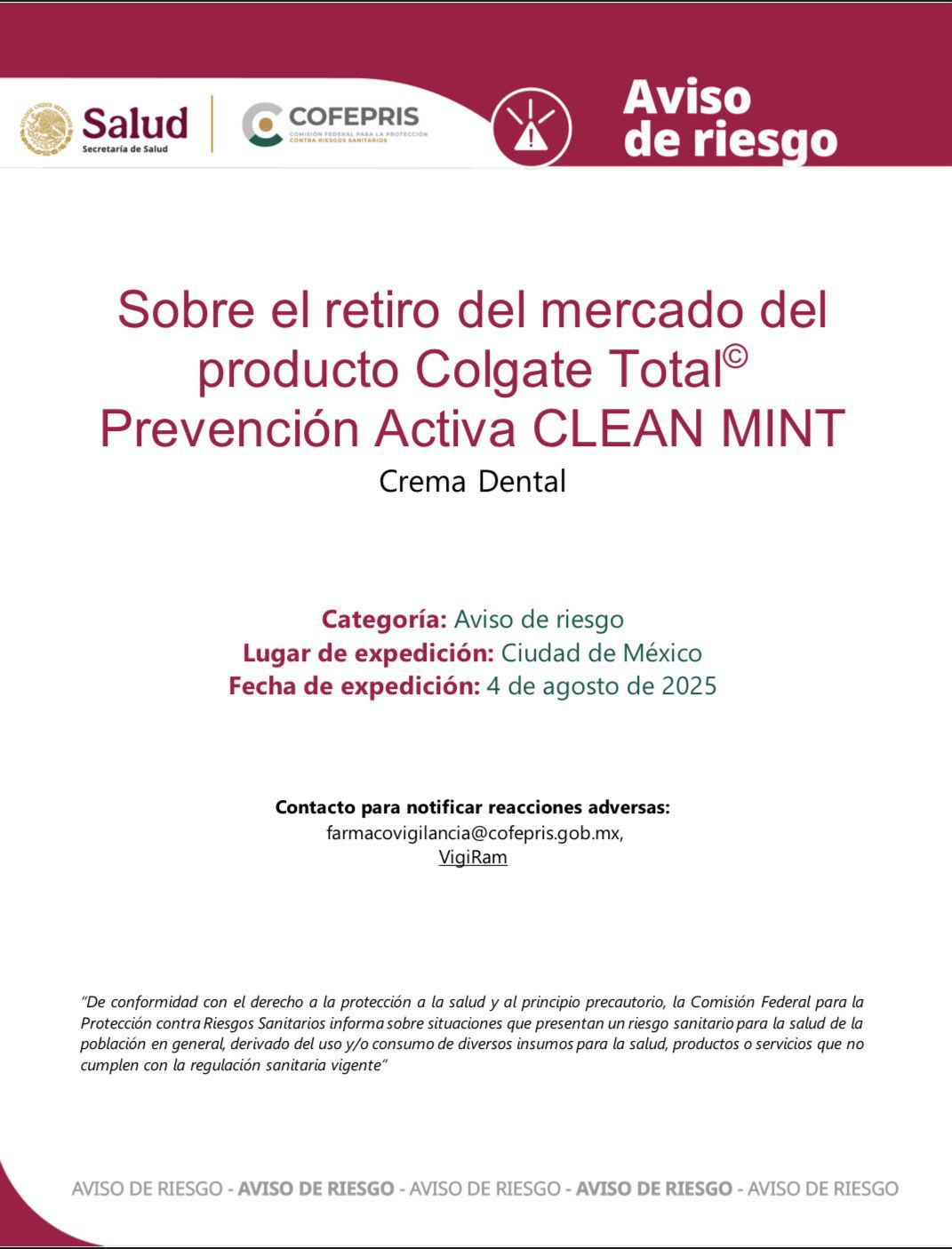 Exhorta Coepriso a comerciantes al retiro inmediato del mercado de crema dental Colgate Total©️ Prevención Activa Clean Mint