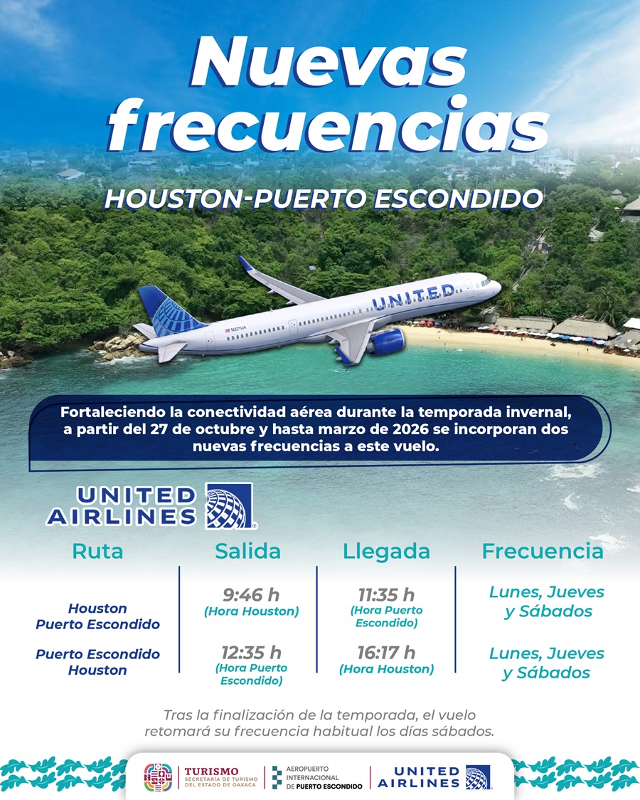 Aumentan frecuencias del vuelo Houston-Puerto Escondido por temporada invernal: Sectur-Oaxaca