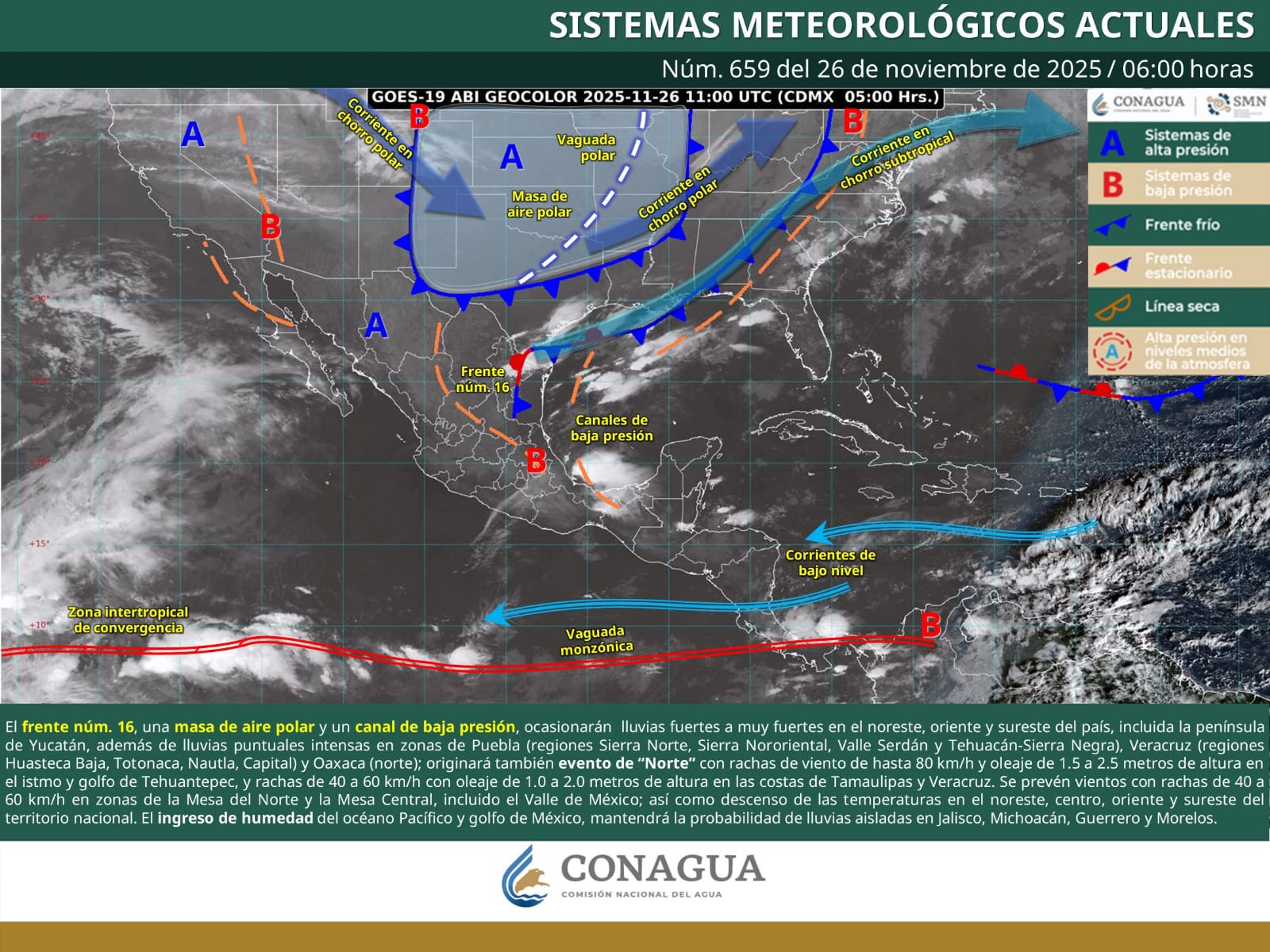 Se prevén condiciones invernales y evento de Norte por la llegada del Frente Frío número 16
