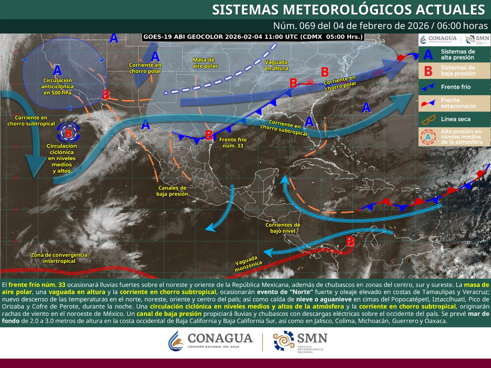 Avance del Frente Frío 33 provocará lluvias, oleaje elevado y bajas temperaturas: Protección Civil