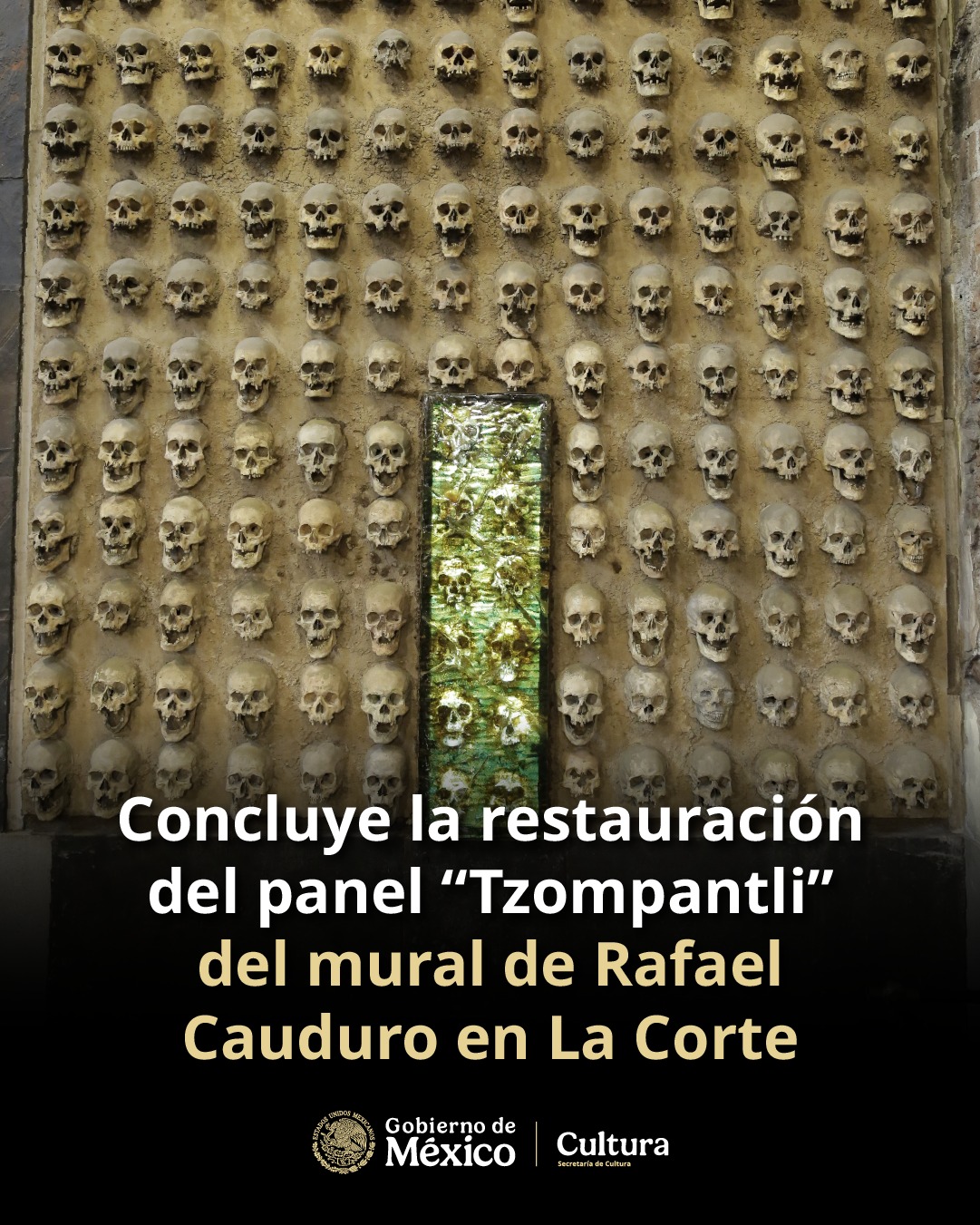 Restaura INBAL el panel “Tzompantli” de un mural de Rafael Cauduro