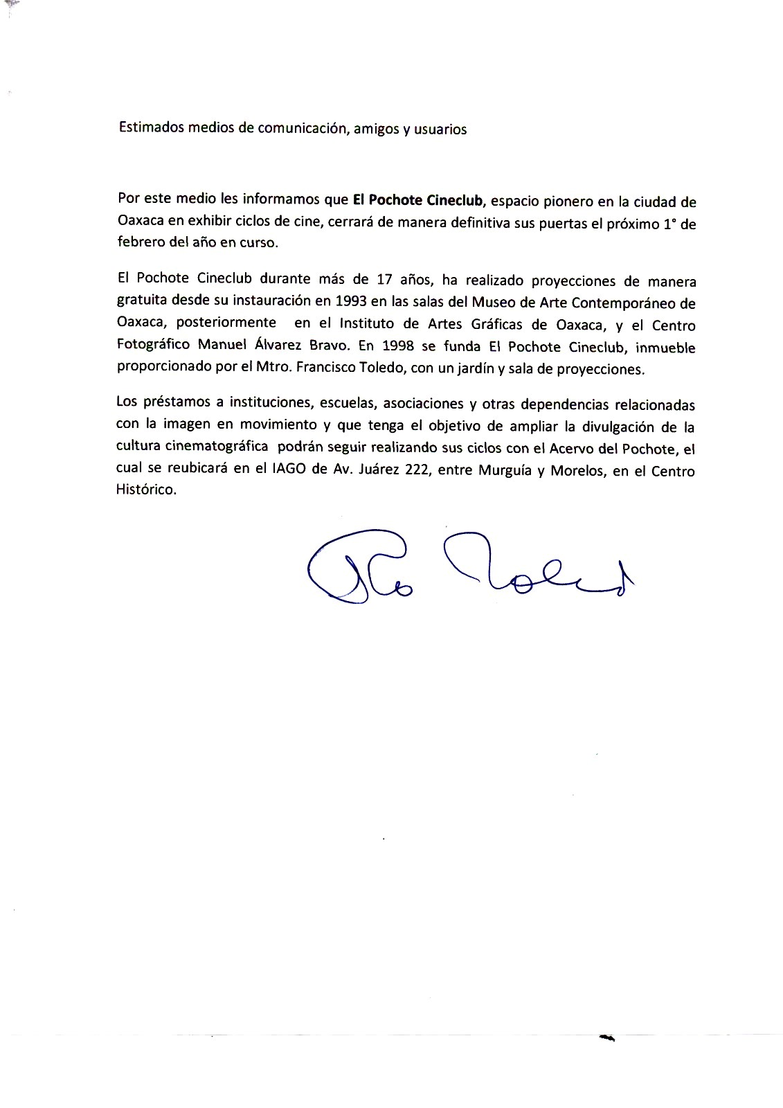 Anuncia Francisco Toledo cierre de cineclub “El Pochote” tras 17 años