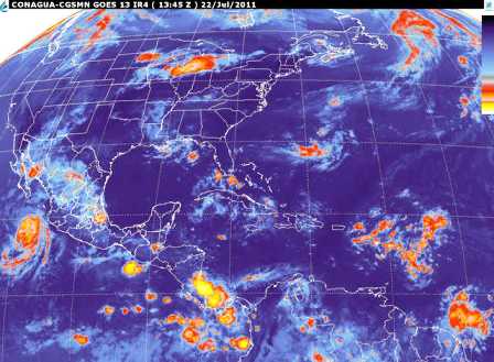 Hoy viernes tormentas fuertes en occidente del país asociadas al huracán “Dora” y en la península de Yucatán, por Onda Tropical No. 11