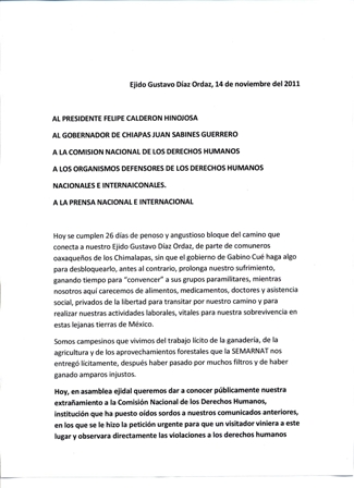 Hacen ejidatarios chiapanecos extrañamiento público a gobernador de Oaxaca y a la CNDH