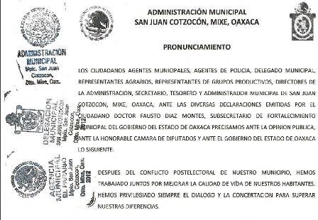 Denuncian conflictos en San Juan Cotzocon Mixes