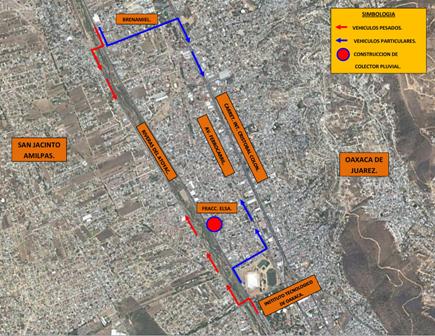 Modifican temporalmente circulación vehicular en Riberas del Atoyac por construcción de colector pluvial, en Oaxaca