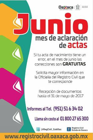 Anuncia Registro Civil de Oaxaca programa “Junio, mes de aclaraciones”