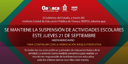 Este jueves, se mantiene suspensión de clases en Oaxaca