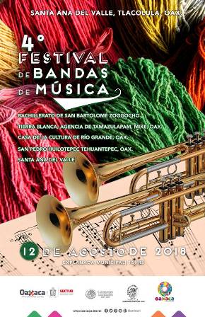 Celebrarán Cuarto Festival de Bandas de Música en Santa Ana del Valle: Sectur Oaxaca