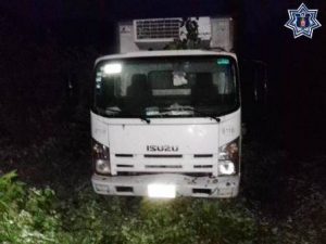 Camión marca Isuzu, color blanco, modelo 2018 y placas RX14177.