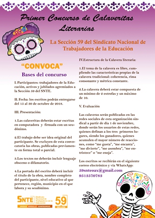 Organiza Sección 59 del SNTE Primer Concurso de Calaveritas Literarias