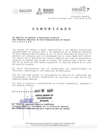 Por contingencia, suspende consulta externa Hospital Regional de Alta Especialidad de Oaxaca