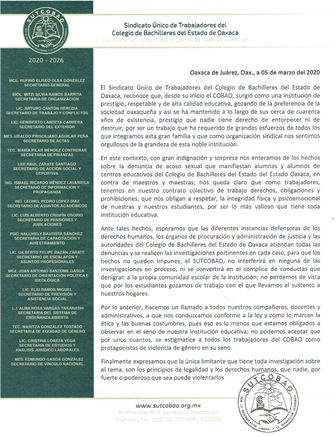 Emite sindicato posicionamiento por denuncias en colegios de Bachilleres de Oaxaca
