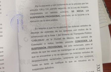 Obras del Cablebús deben detenerse donde afectan a 250 vecinos que obtienen suspensión provisional