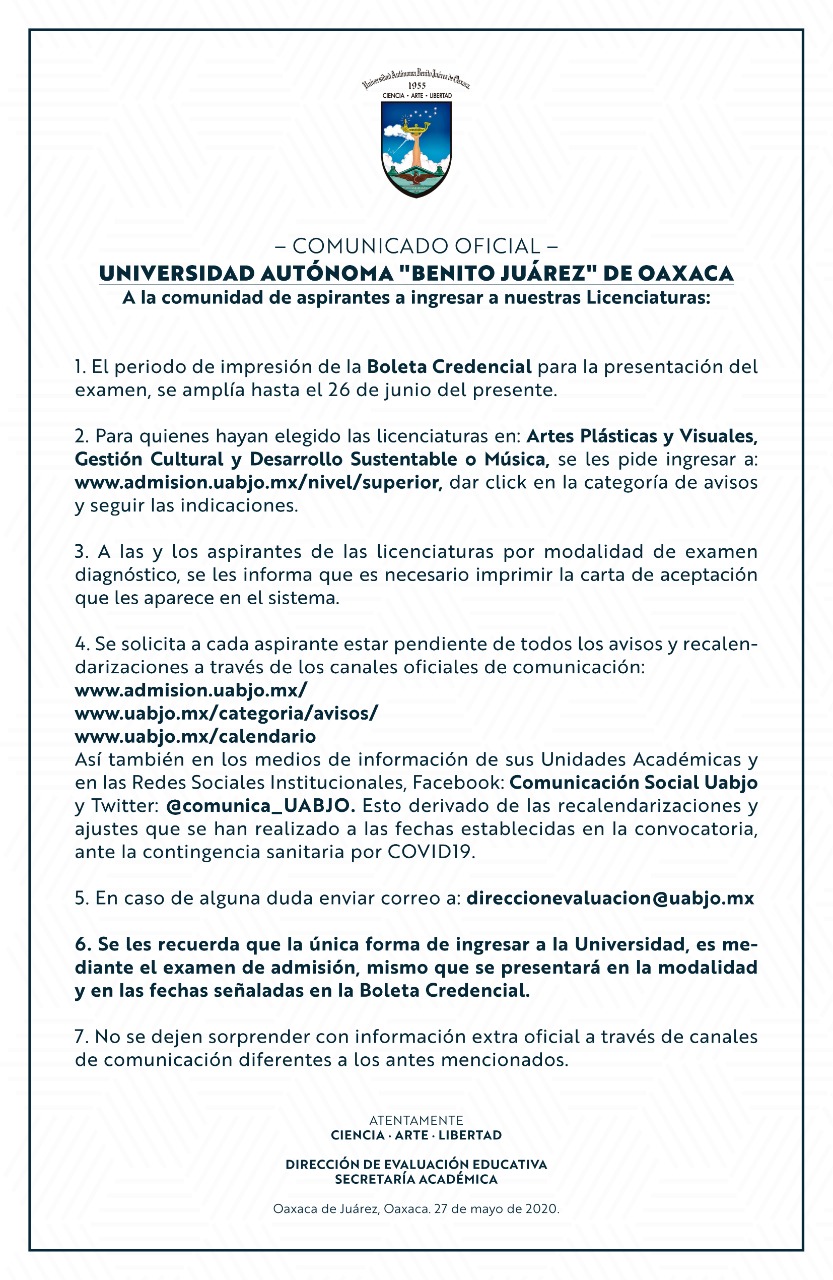 Aviso a aspirantes a ingresar a los 31 Programas Educativos a nivel licenciatura de la UABJO