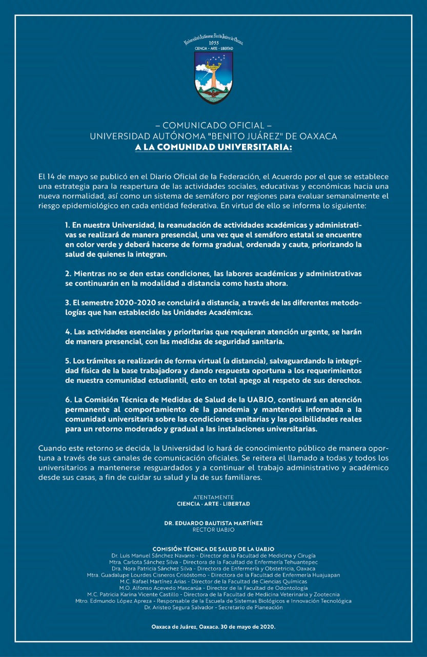 Una vez que el semáforo estatal este en color verde, la UABJO reanudará actividades
