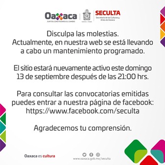 Por mantenimiento de sitio web, Seculta invita a consultar convocatorias en las redes sociales