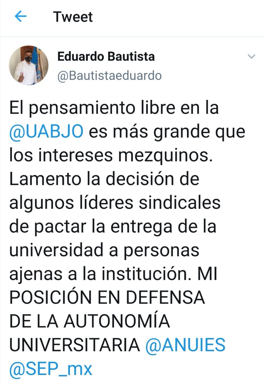 Eduardo Bautista Martínez rector de la Universidad Autónoma Benito Juárez de Oaxaca se pronuncia por la defensa de la autonomía y en rechazo de injerencias externas