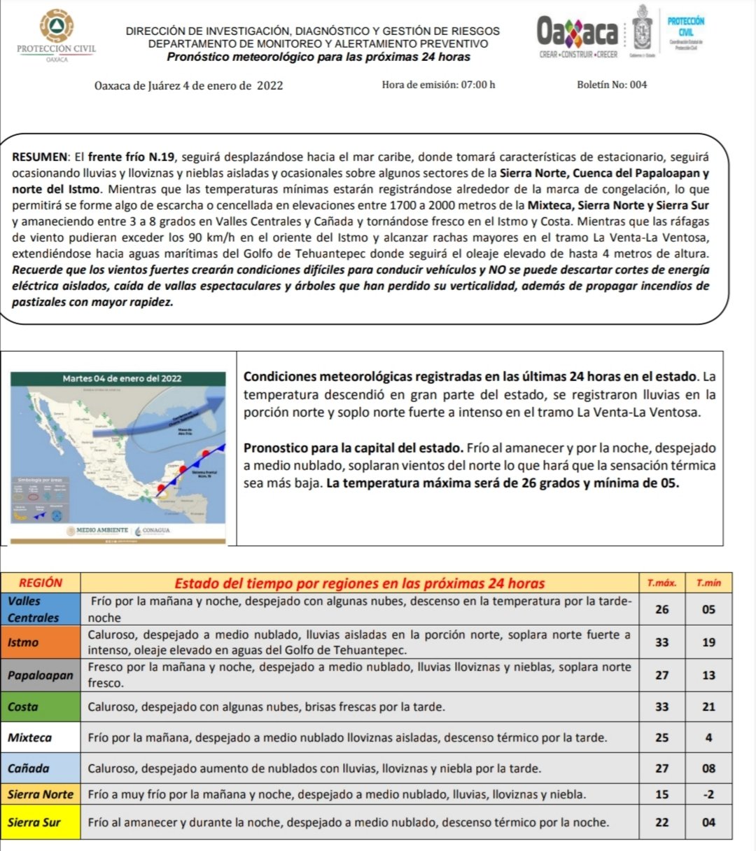 Emite CEPCO alertamiento por temperaturas mínimas que llegarían a marca de congelación